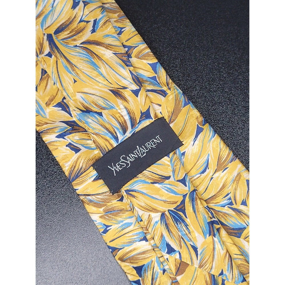 Yves Saint Laurent Tie Yellow Blue Botanical Leaf Pattern 3.75